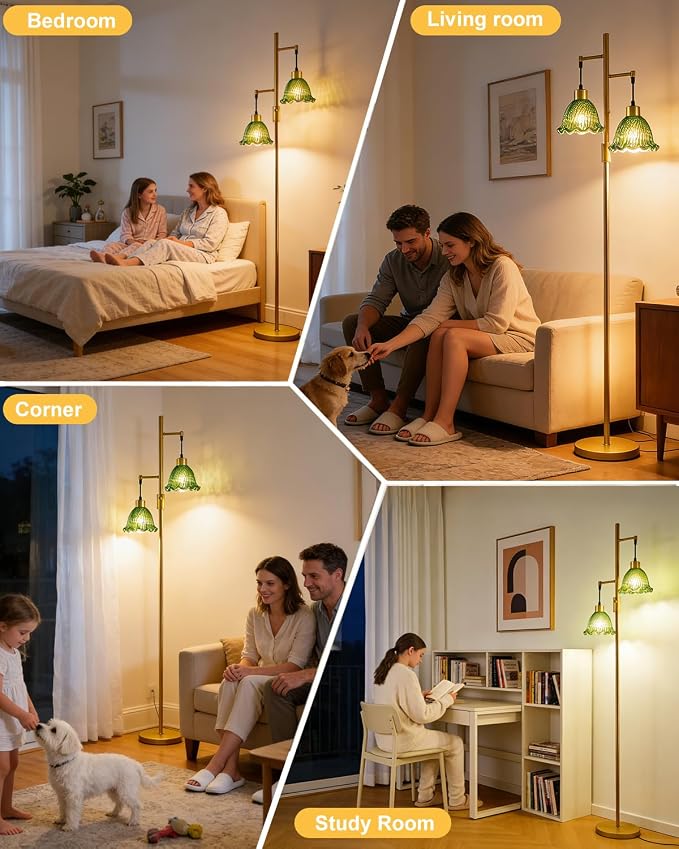 Lightdot 2- Light Gold Flower Floor Lamp for Living Room, 65IN Dimmable Floor Lamps with Green Glass Shade& Warm White Bulbs, Modern Standing Tall Lamp with 5Lbs Heavy Base for Bedroom Home Office