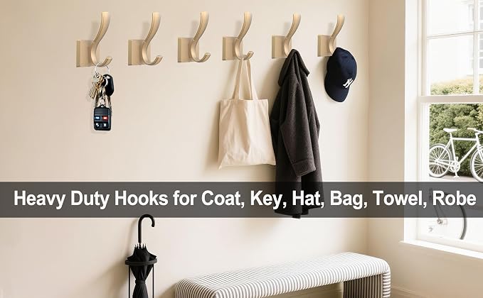 TOFIIGREM Gold Coat Hooks, Towel Robe Hooks Bathroom Entryway Mudroom Pool Hooks for Wall Mount Hanging Towels Bathrobe Key Hat Backpack (2 Pack, Gold)