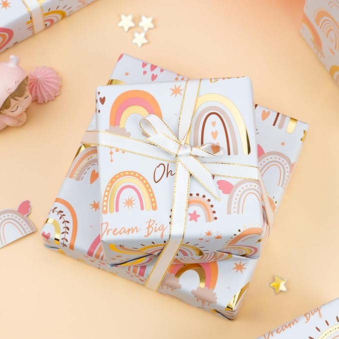 Burymento Rainbow Wrapping Paper, Boho Gold Foil Themed Gift Wrap for Birthday, Valentines, Mothers day, Graduation, Wedding, Fathers day, Baby Shower, Christmas (17 IN x 32.8 FT)