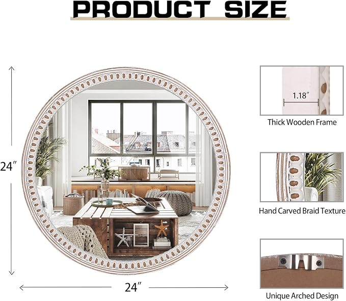24 Inch Rustic Farmhouse Round Wood Wall Mirror, Decorative Circle Mirrors for Bathroom Over Sink, Living Room, Entryway, Bedroom