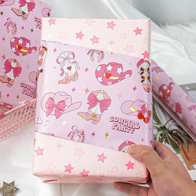 Homeral Pink Cowgirl Wrapping Paper Roll - 17In x 32.8Ft Reversible Gift Wrap with Western Boots Hat Cherry Pattern for Girls Birthday, Baby Shower, Cowgirl Party, Western Theme, Holiday Crafts