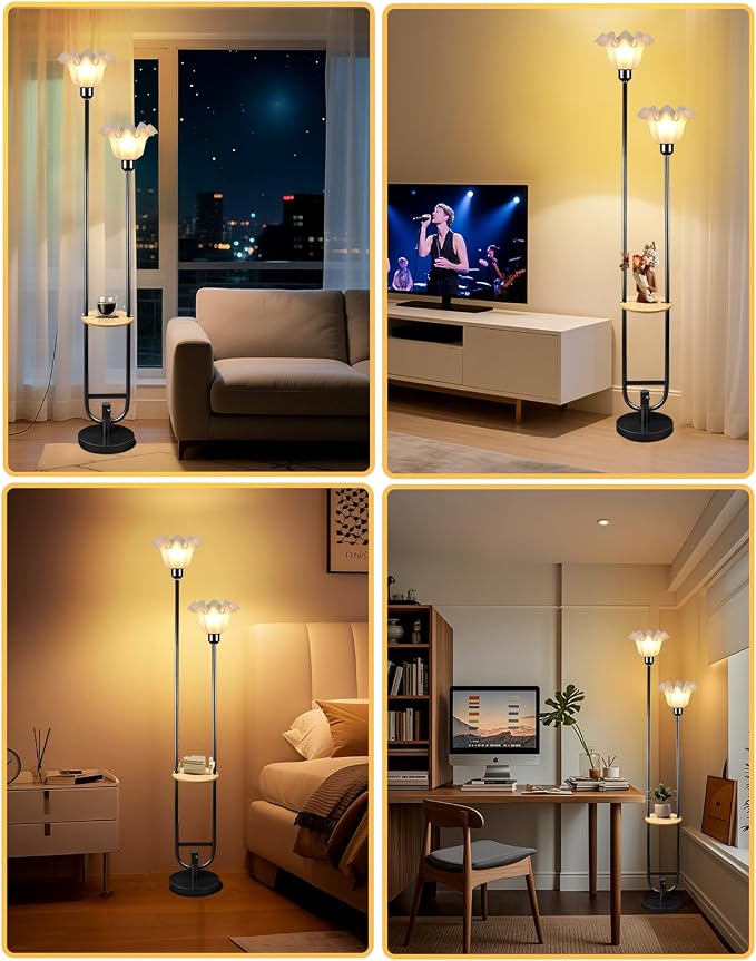 Flower Floor Lamps with Table, 2-Lights Floral Floor Lamp Dimmable, 3000K Warmwhite Modern Floor Lamp, Vintage Black Standing Lamp with 5Lbs Heavy Base for Living Room Bedroom Girls Room