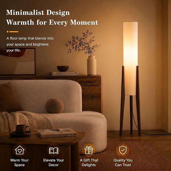 Bofea-Farmhouse Floor Lamp for Living Room & Bedroom,Walnut Wood Vintage Standings Lamp with Foot Switch, 3 Color White Fabric Tall Lamp,Decorative Tower Shade Lamp for Hotel Cafe Study
