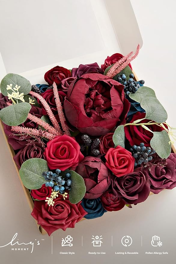 Ling's Moment Burgundy Flowers Artificial, Navy Blue Fake Flowers, Red Flowers and Greenery Combo for DIY Wedding Bridal Bouquet, Centerpieces, Home Decor, Floral Arrangement Decor, etc.