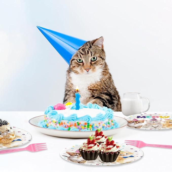 48Pcs Cute Cat Birthday Party Decorations Tableware Inculde Plates Napkins Forks for Birthday Pet Party and more party Serve 16 Guests
