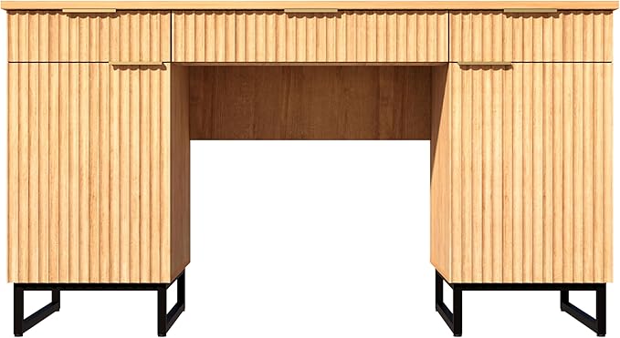 55" Fluted Executive Desk with File Drawer,Wooden Computer Desk with Storage,Light Wood Modern Office Desk for Work and Studying,Natural Oak (1, Natural Oak)