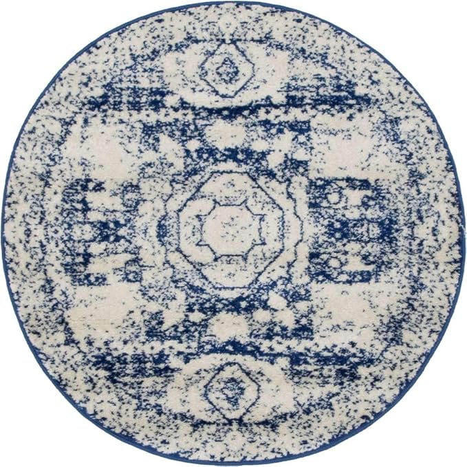 Unique Loom Bromley Collection Area Rug - Wells (3' 1" Round, Ivory and Blue/ Ivory)