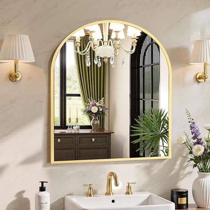 NEWBULIG 32X30 Inch Arched Bathroom Mirror for Wall, Vanity Bathroom Mirrors for Over Sink Tempered Glass, Anti-Rust Arched Metal Framed, Hangs Horizontally or Vertically, Farmhouse Home Decor, Gold