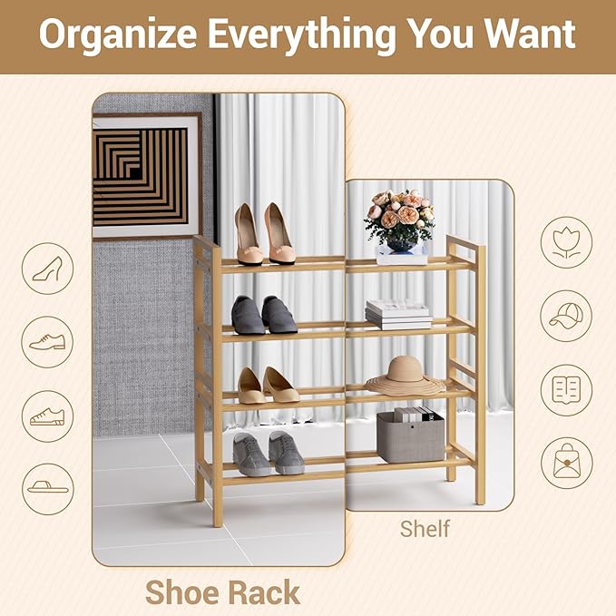 Haddockway Bamboo Shoe Rack for Closet, Free Standing Shoe Organizer with Smooth Round Rods & Convenient Handles, Stackable Shoe Storage Shelf for Entryway, Hallway(Natural, 4-Tier(Small))