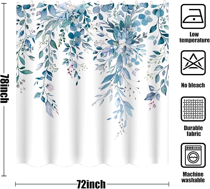Long Blue Eucalyptus Shower Curtain Watercolor Floral Plant Leaf Shower Curtains for Bathroom Botanical Flower Waterproof Fabric Bath Curtain Decor with Hooks (Blue, 72'' x 78'')
