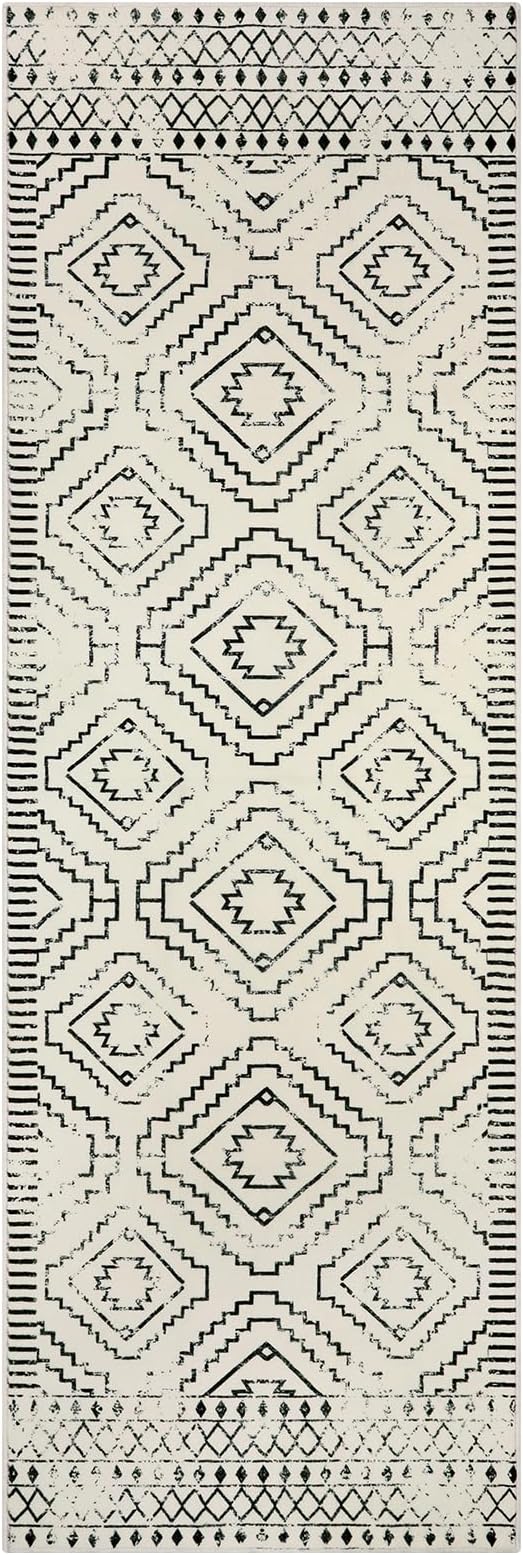 Wonnitar Moroccan Washable 2x6 Runner Rug for Hallways, Non-Skid Carpet Runners for Kitchen, Boho Farmhouse White Non-Shedding Laundry Room Throw Mat for Bathroom Closet Bedroom (Beige,2'x6')