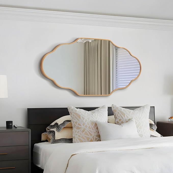 Scalloped Mirror for Bathroom - 24"x36" Gold Bathroom Mirror with Aviation Aluminum Alloy Frame & Shatter-Proof Glass for Living Room Bedroom Entryway, Brushed Gold Frame(x1)