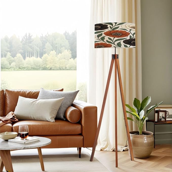 Wood Tripod Floor Lamp Boho Brown Green Orange Peony Floral Vintage Peony Flowers Various Mid Century Standing Lamp Linen Shade Dimmable Modern Tall lamp Home Decor for Living Room Bedroom Office