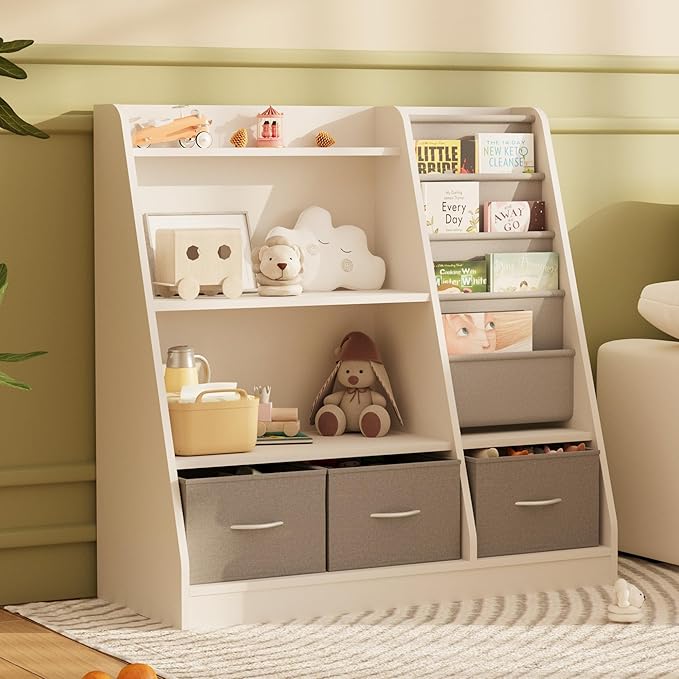 NACHES Kids Bookshelf and Toy Storage Organizer, Montessori Nursery Book Shelves with Sling Rack & Fabric Toy Bins, Children Toddler Baby Bookcase, Wooden Toy Shelf for Kids Room, Playroom, White