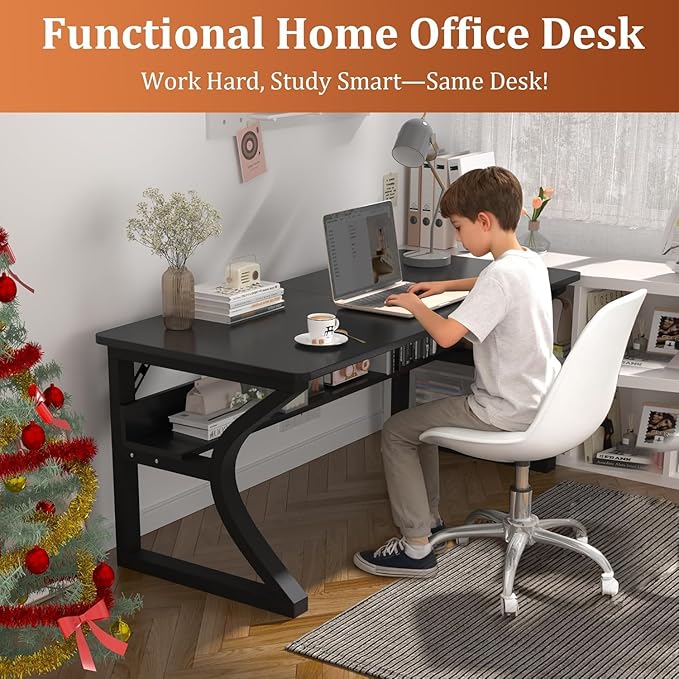 47 inch Computer Desk, Home Office Desk with Storage Shelf, Sturdy U-Shaped Metal Frame Study Table with Cable Management, Gaming Desk for Office & Bedroom (Black, 47 inch)
