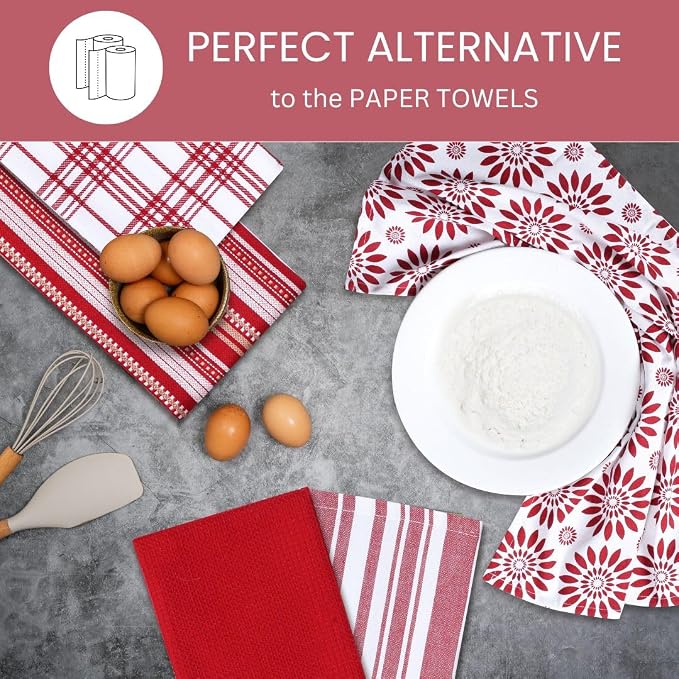 Assorted Kitchen Towels Large 16x26 inches 100% Cotton Set of 5 - Soft Absorbent Washable Tea Towel for Kitchen - Dish Cloths with Hanging Loop - Quick Drying Dish Towels Red