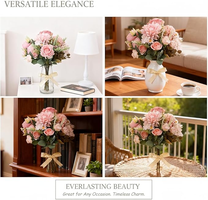 Bulk 12 Bundles Artificial Peonies Flowers, Silk Roses, Faux Dahlias & Chamomile in Hydrangea Bouquet for Vase Filler, Wedding Centerpiece, Home Party Decor