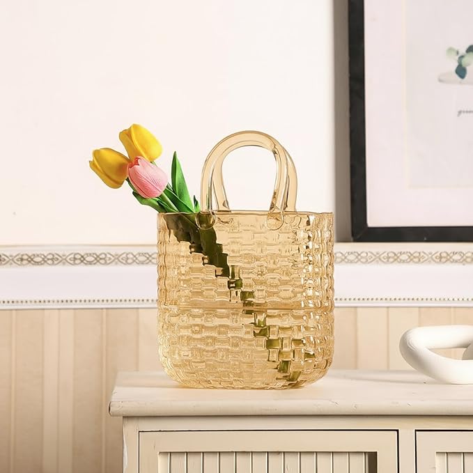 Glass Purse Vasefor Flowers, Purse Flower Vase, Amber Glass Bag Vases, 10 Inch Handbag Shaped Vases for Home, Living Room, Bedroom, Office Decor