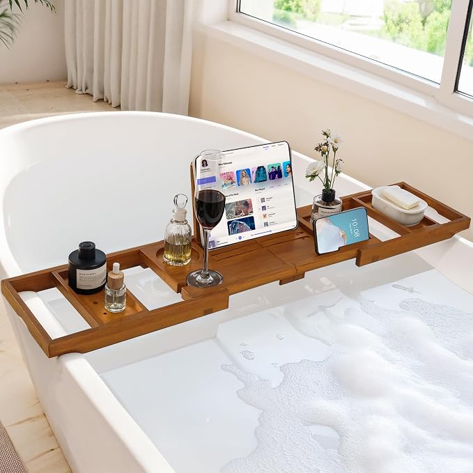 Teak Bathtub Tray, Luxury Bath Table Tray with Wine Glass and Phone Holders & Book Stand, Foldable Wooden Bathtub Caddy for Home Spa Relaxation, Bath Gift for Women(Natural Teak)