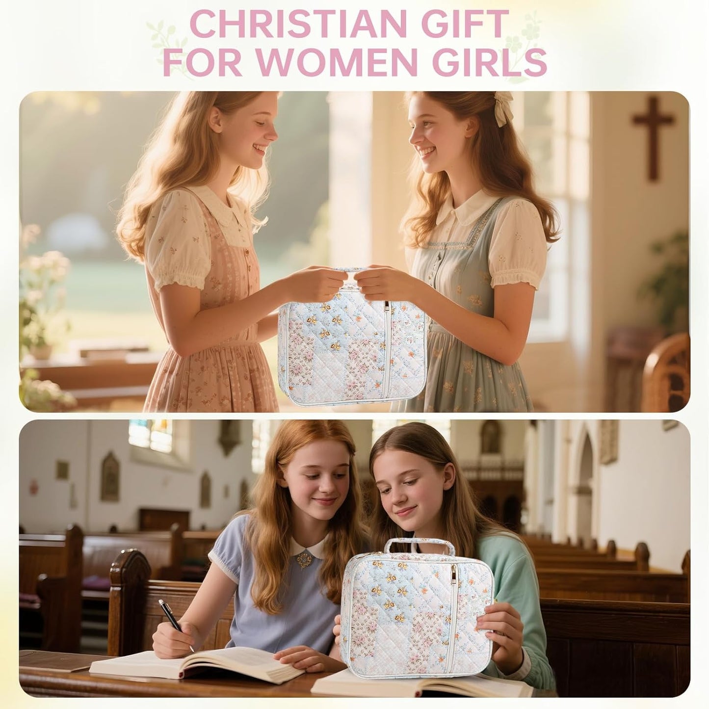 Skiennix Bible Cover Case - Large Quilted Design with Durable Handle | Spliced Flower Pattern