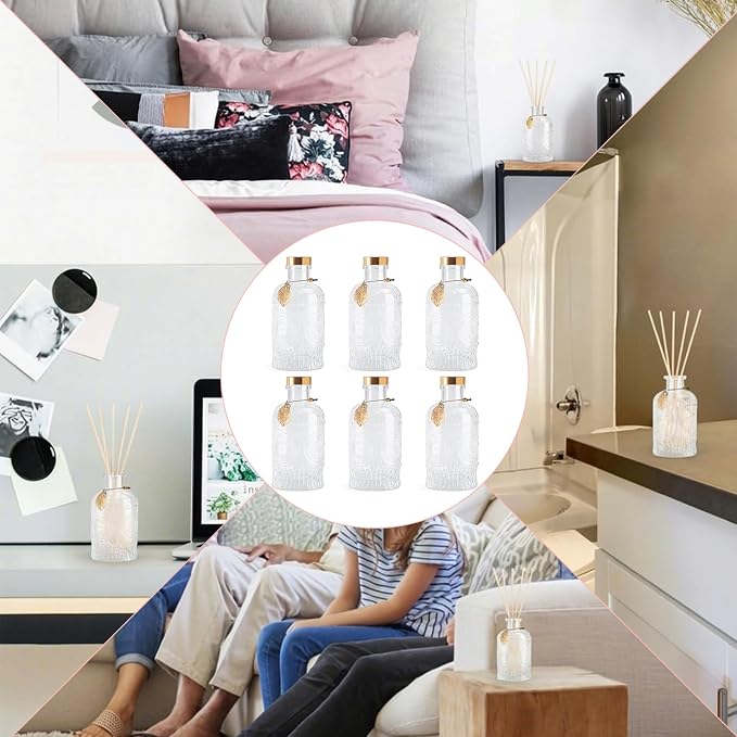Glass Reed Diffusers Bottles for Home, Diffuser Bottles with 40PCS Reed Diffuser Sticks, Glass Bottle with Lids Apothecary Jar Flower Bud Vases, Set of 6