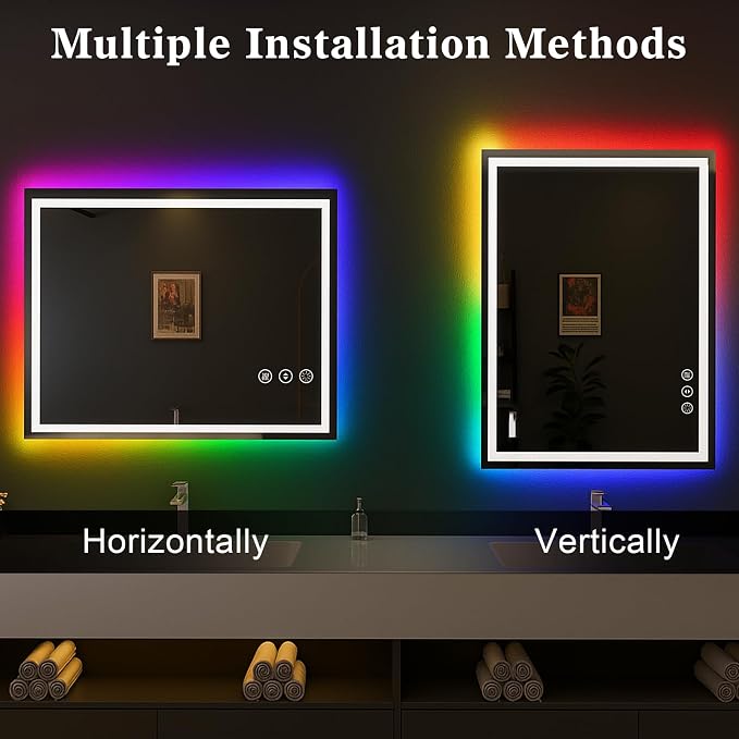 WTTY LED Bathroom Mirror 40"x30" with RGB Backlit and Front Light,Stepless Dimmable LED Mirror for Bathroom,Lighted Bathroom Vanity Mirror,Anti-Fog,Memory Function,Shatter-Proof,Wall Mounted