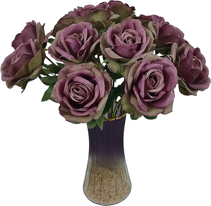 Fall Purple Satin Roses,12 Pcs Purple Roses Flowers, Silk Floral,Artificial Flowers with Stems for Wedding Arrangement Centerpieces Party Home Table Decorations,Flores Artificiales