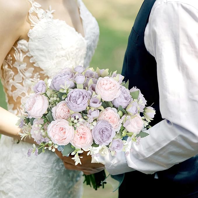 SOMYTING Peonies Artificial Flowers, Fake Flowers Purple Peonies Faux Flowers Vintage Artificial Silk Flower Peonies Bouquets Floral Arrangements Home Wedding Party Table Decor (Pink Purple, 4PCS)