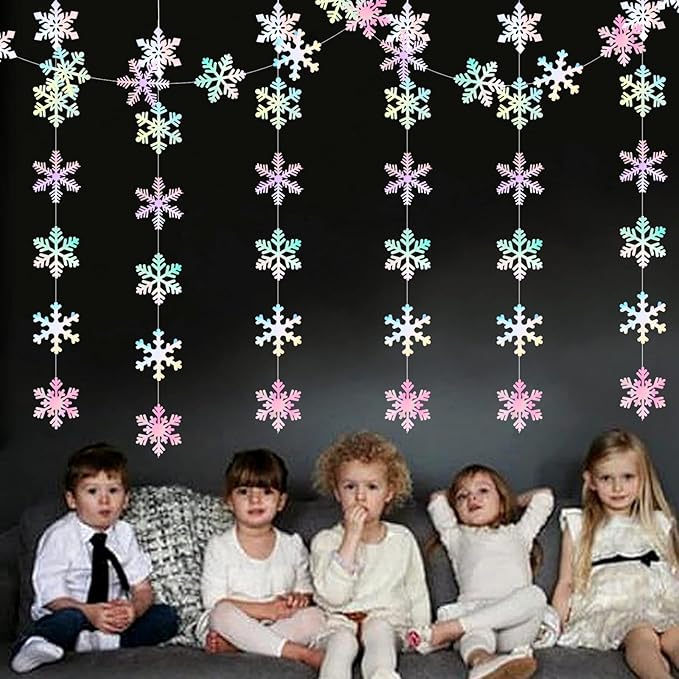Iridescent-Holographic Snowflake-Snow Christmas Party-Decorations Garland - 6pcs Winter Girl Frozen Birthday New Year Hanging Decoration Streamers Banner, Wonderland Party Supplies Decor Panduola
