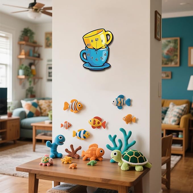 Stacked Coffee Cups Wall Clock Irregular Shape Decorative Wall Clock Cartoon Style Non-Ticking Clock for Home Office Decoration, 16.14×11.49 inch
