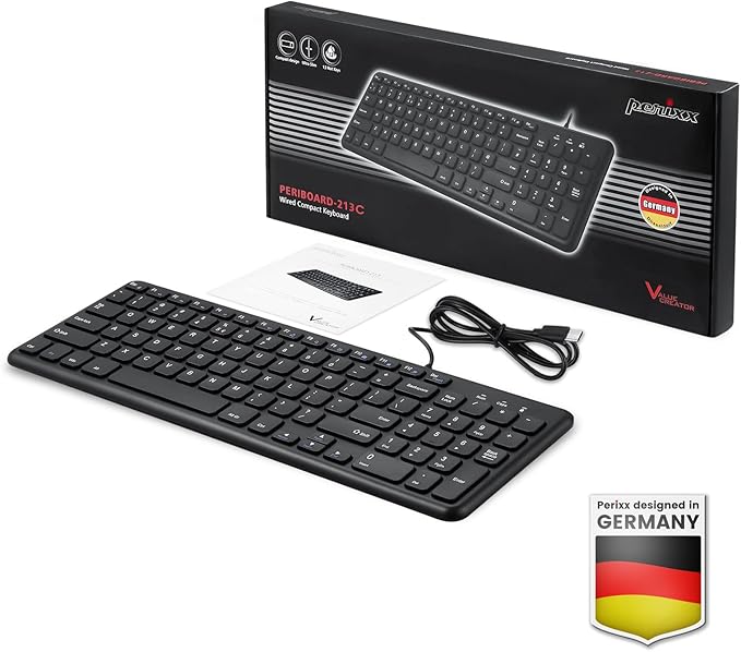 Perixx PERIBOARD-213C Wired Silent USB-C Scissor Keyboard - 14.45x4.76x0.71 Inches Compact Design with Number Pad - Black - US English