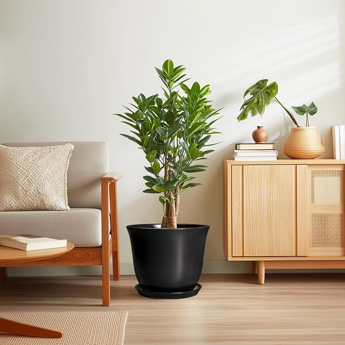 Ceramic Plant Pots - 12 Inch Plant Pot for Indoor Plants Outdoor, Large Planter with Drainage Hole and Saucer, Round Planters, Modern Flower Pot, Garden Patio Home Decor, Garden Gift, Black