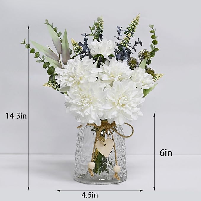 LADADA Vase Fake Flowers, Artificial Silk White Dahlias Arranged in Vases, EucalyptusTrees, Pampas Grass, and Hemp Rope for Farmhouses 14.5'' Floral Arrangements for Dining Table Centerpiece Decor