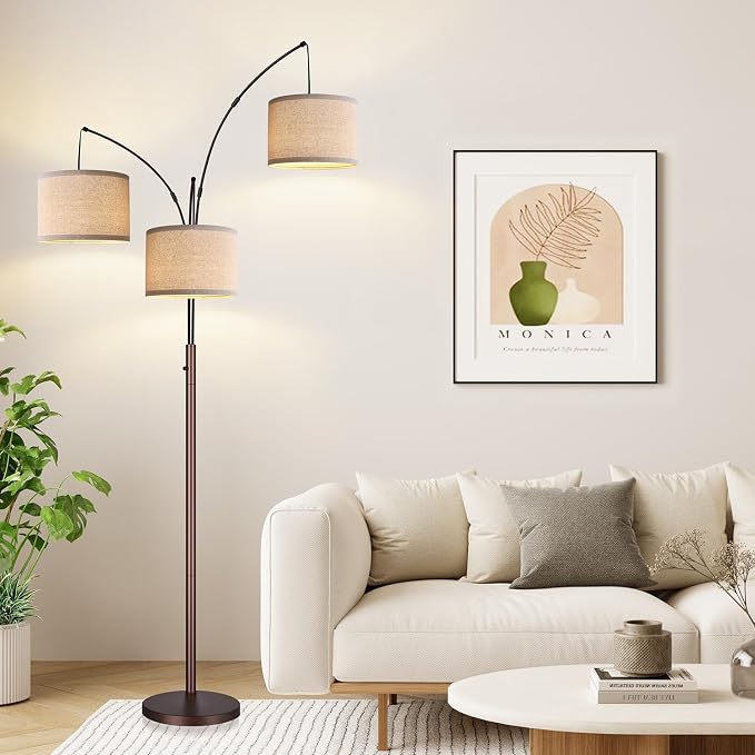Dimmable Floor Lamp, 3 Lights Brown Arc Floor Lamp, Modern Tall Standing Tree Lamp with Beige Linen Shades & Heavy Base, 3000LM LED Bulbs, Bright Lighting for Living Room, Bedroom, Office & Reading