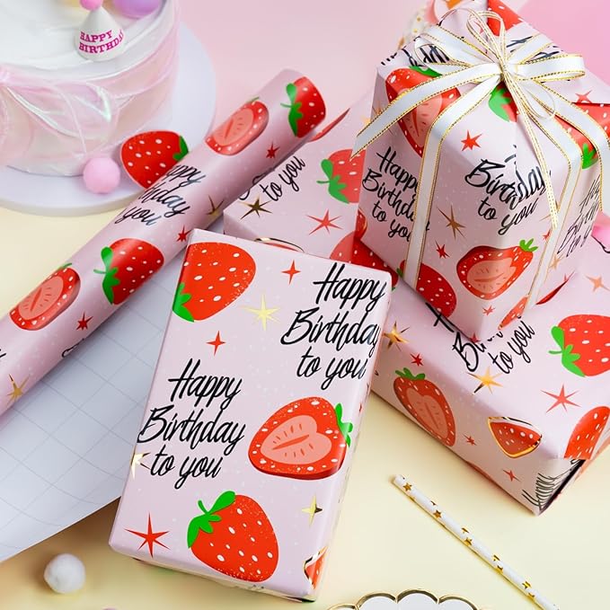 Burymento Pink Strawberry Birthday Wrapping Paper Roll, Gold Leaf Star Design Gift Wrap for Birthday, Valentines, Mothers day, Graduation, Wedding, Fathers day, Baby Shower, Christmas (17 IN x 32.8 FT)