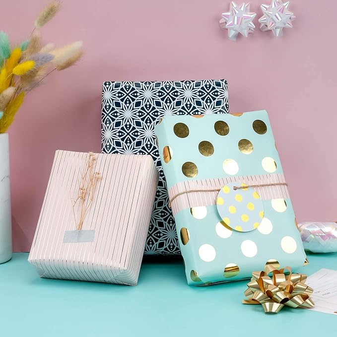 MAYPLUSS Wrapping Paper Set - Mini Roll with Bow & Ribbon & Gift Tags & Stickers - 17 inch X 120 inch Per roll - Pink Gold Stripe, Blue Polka dots and Black Floral Design (42.3 sq.ft.ttl)