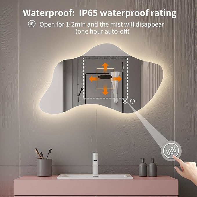 51.2″ Asymmetrical Bathroom Mirror with Lights, LED Irregular Wall Mirror, Abstract Modern Lighted Vanity Mirror for Wall, Anti-Fog, Dimmable, Horizontal/Vertical