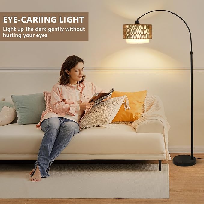 eyassi Arc Floor Lamp with Remote, Modern LED Floor Lamp with Dimmable Bulb, Boho Farmhouse Standing lamp with Fabric & Rattan Lampshades, Height Adjustable Black Tall Lamp for Living Room Bedroom