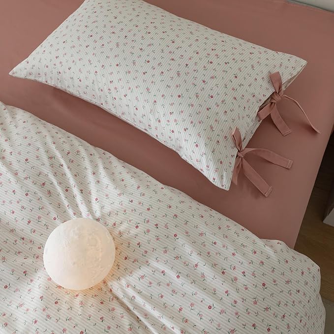 EAVD Garden Style Pink Floral Duvet Cover Queen Soft 100% Cotton Fresh Floral Pattern Bedding Set with 2 Pillowcases Chic Shabby Botanical Floral Comforter Cover with Zipper Closure