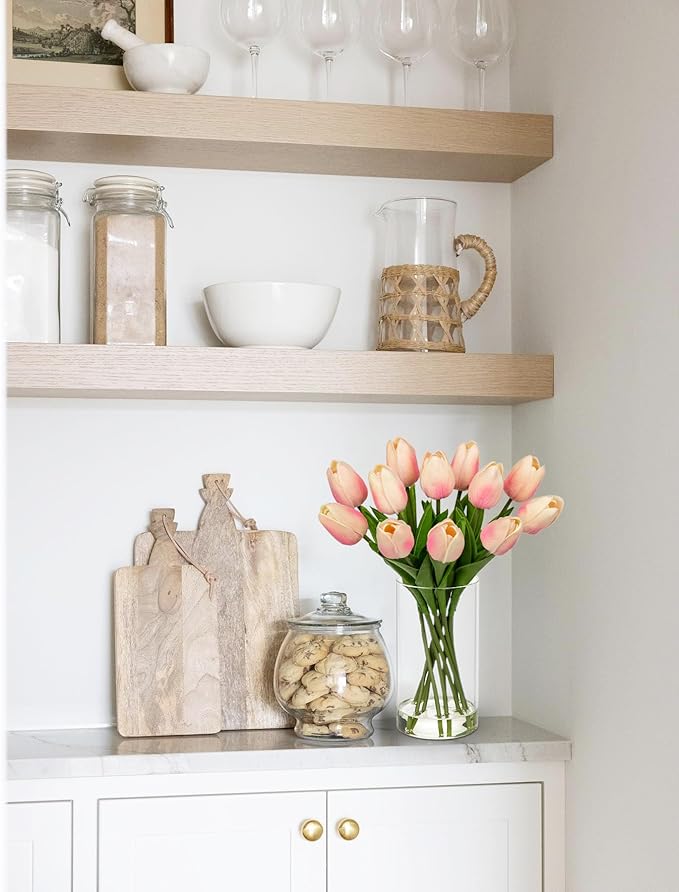 12 Pcs Artificial Real Touch Tulips Flowers in Glass Vase with Faux Water, Tulips Fake Arrangements Pink Tulip with Vase for Dining Table Home Decor Wedding Centerpieces