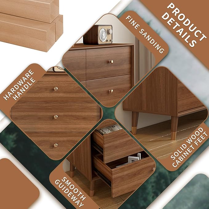 6-Drawer Dresser, Solid Wood Frame, Sturdy and Spacious Design, Modern Bedroom Storage Organizer, Multi-Functional Chest for Bedroom, Hallway, Living Room, or Office (Walnut Color, 47.2)