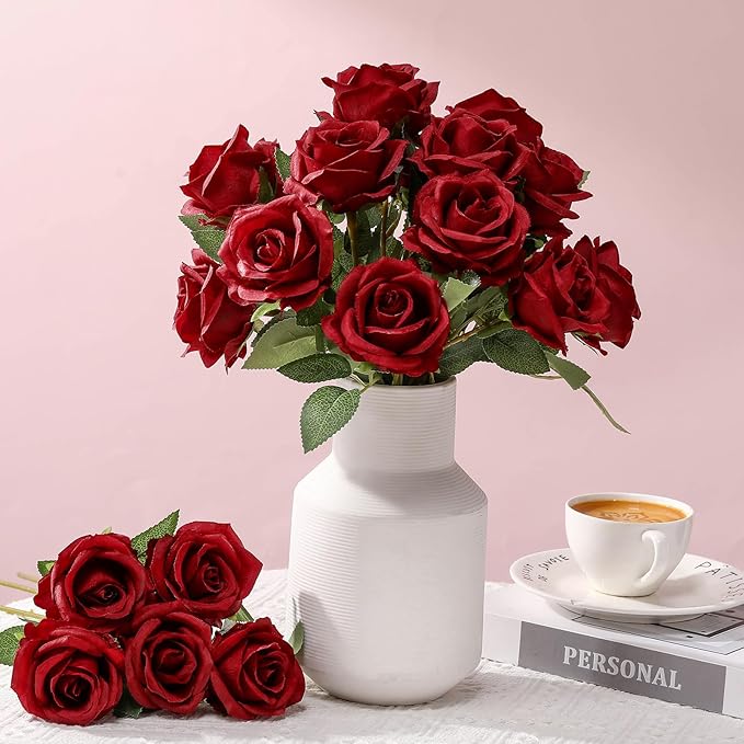 30 Pcs Rose Artificial Flowers in Bulk Real Touch Long Stem Silk Roses Bouquets Realistic Faux Flowers for Wedding Bridal Shower Home Decor Floral Arrangements Table Centerpiece(Burgundy)