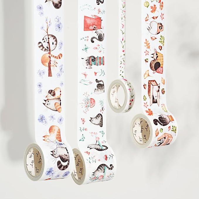 WT Chonky Cat Washi Tape Sticker Set, 4 Rolls, Original Designs, Watercolor Cute Cat Decorative Sticker, Kiss-Cut Craft Sticker, Bujo Planner Supplies, Journals Gifts, DIY Paper Sticker