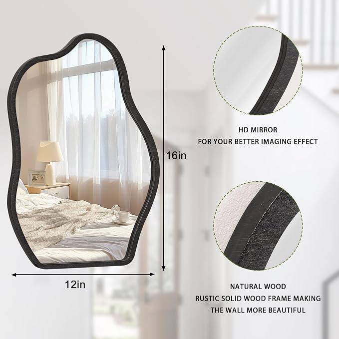 Irregular Mirror for Wall Decor Modern Asymmetrical Small Wall Mirror with Wooden Framed Unique Shape Vanity Artistic Cloud Mirror Decorative for Living Room Bedroom Bathroom