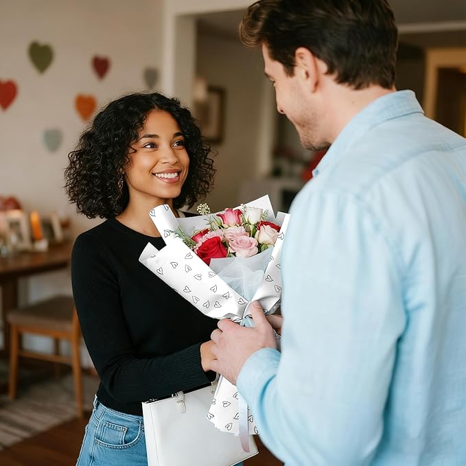 WRAPAHOLIC 20 Sheets Flower Wrapping Paper - 22.8 x 22.8 inch White and Black Love Design Water-Resistant Floral Bouquet Wrapping Paper, Florist Supplies Packaging for Wedding Birthday Gift DIY