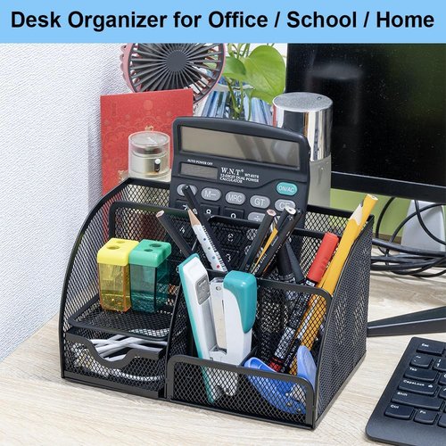 AUSTARK Desk Organizer - Wire Mesh Pencil Holder with 7 Compartments & Mini Drawer | Black