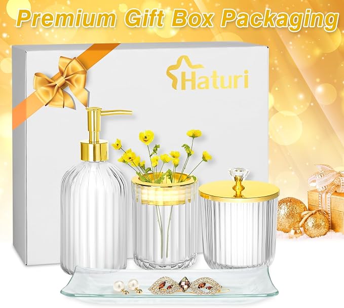 Bathroom Accessories Set, 4Pcs Clear and Gold Glass Bathroom Accessories Sets Complete w/Lotion Soap Dispenser, Toothbrush Holder, Apothecary Jar, Vanity Tray, Bathroom Decor