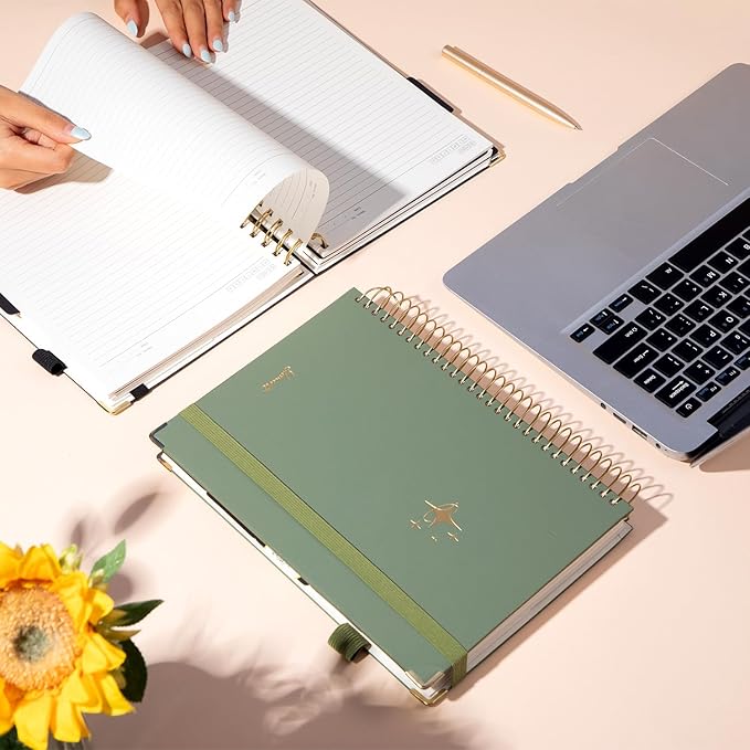 FLYING EAGLE Leather Spiral Notebooks for Work 5 Subject Notebook College Ruled with Dividers Pen, 360 Pages B5 Hardcover Lined Journals for Women Men Writing,Green