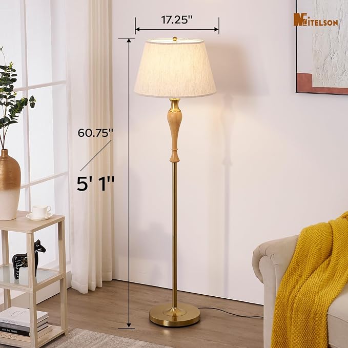 Natural Wood Floor Lamp with Linen Shade, Dimmable Standing Lamp for Living Room Bedroom Office, Mid Century Modern Tall Lamp with Stepless Dimmer Switch and Bulb