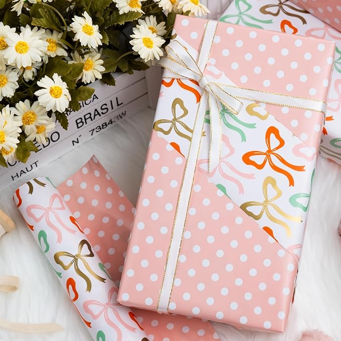 Burymento Bow Wrapping Paper Roll, Reversible Dot Design Gift Wrap for Birthday, Valentines, Mothers day, Graduation, Wedding, Fathers day, Baby Shower, Christmas (17 IN x 32.8 FT)